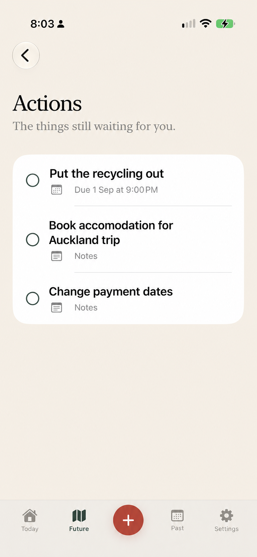 Lifeweft Actions screen with a short list of everyday tasks