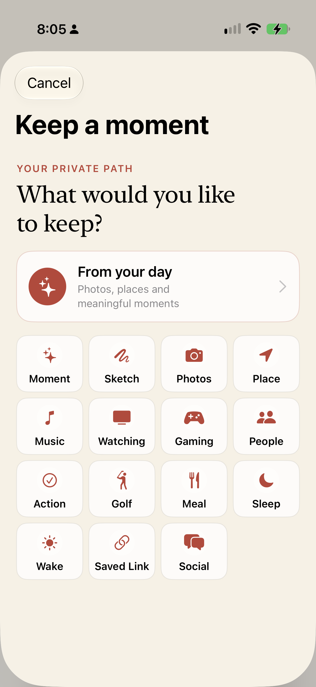 Lifeweft entry chooser with moments, sketches, photos, places, music, watching, gaming and more