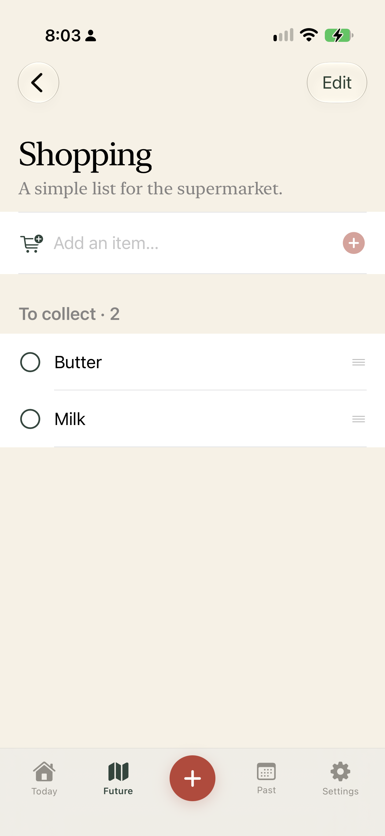 Lifeweft Shopping screen with a simple grocery list