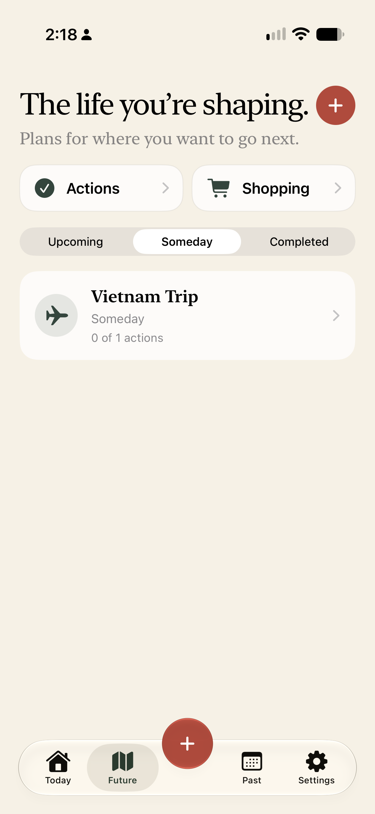 Lifeweft Future screen showing a planned Vietnam trip, actions and shopping