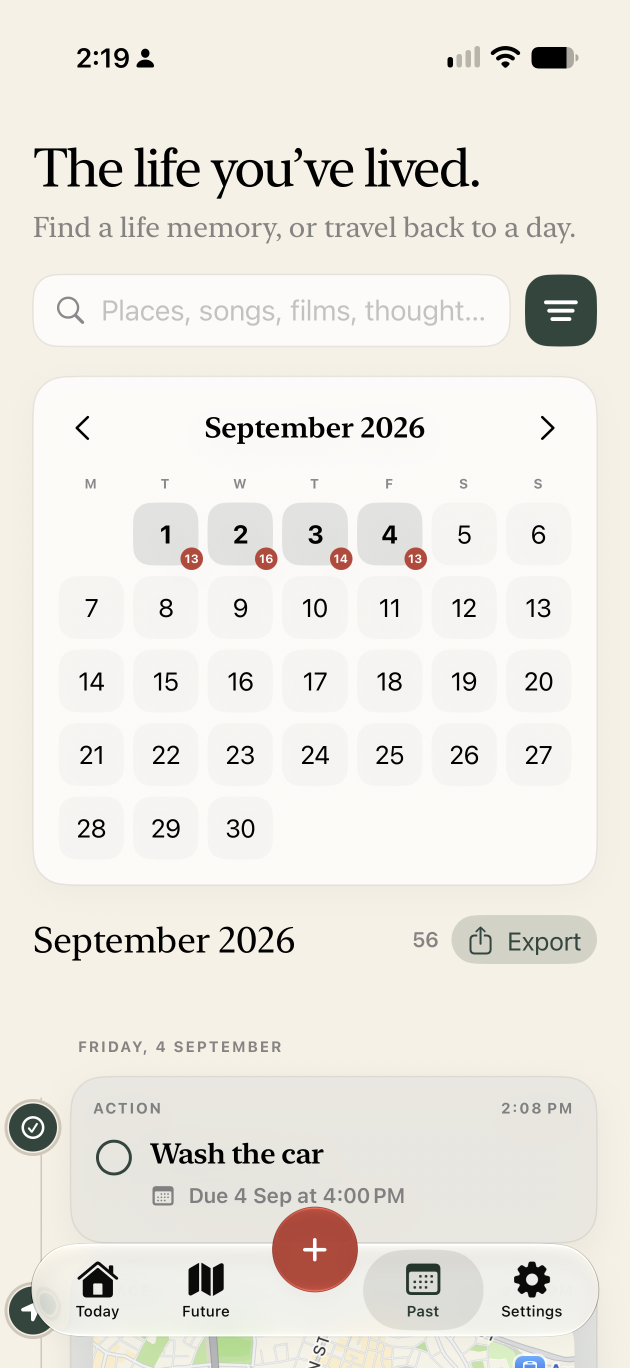 Lifeweft Past screen with calendar and remembered entries