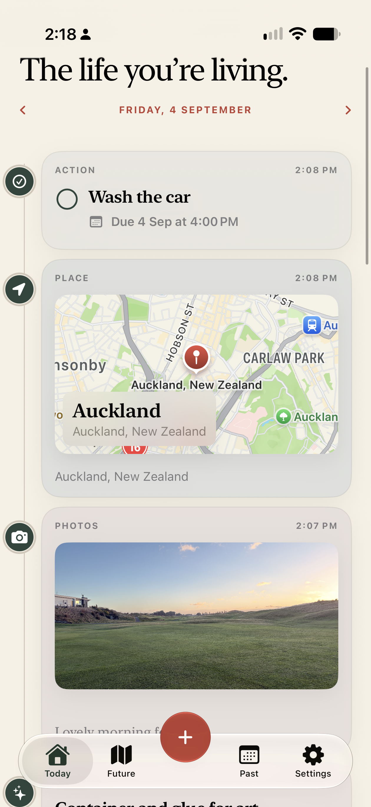 Lifeweft Today timeline with action, place and photo entries