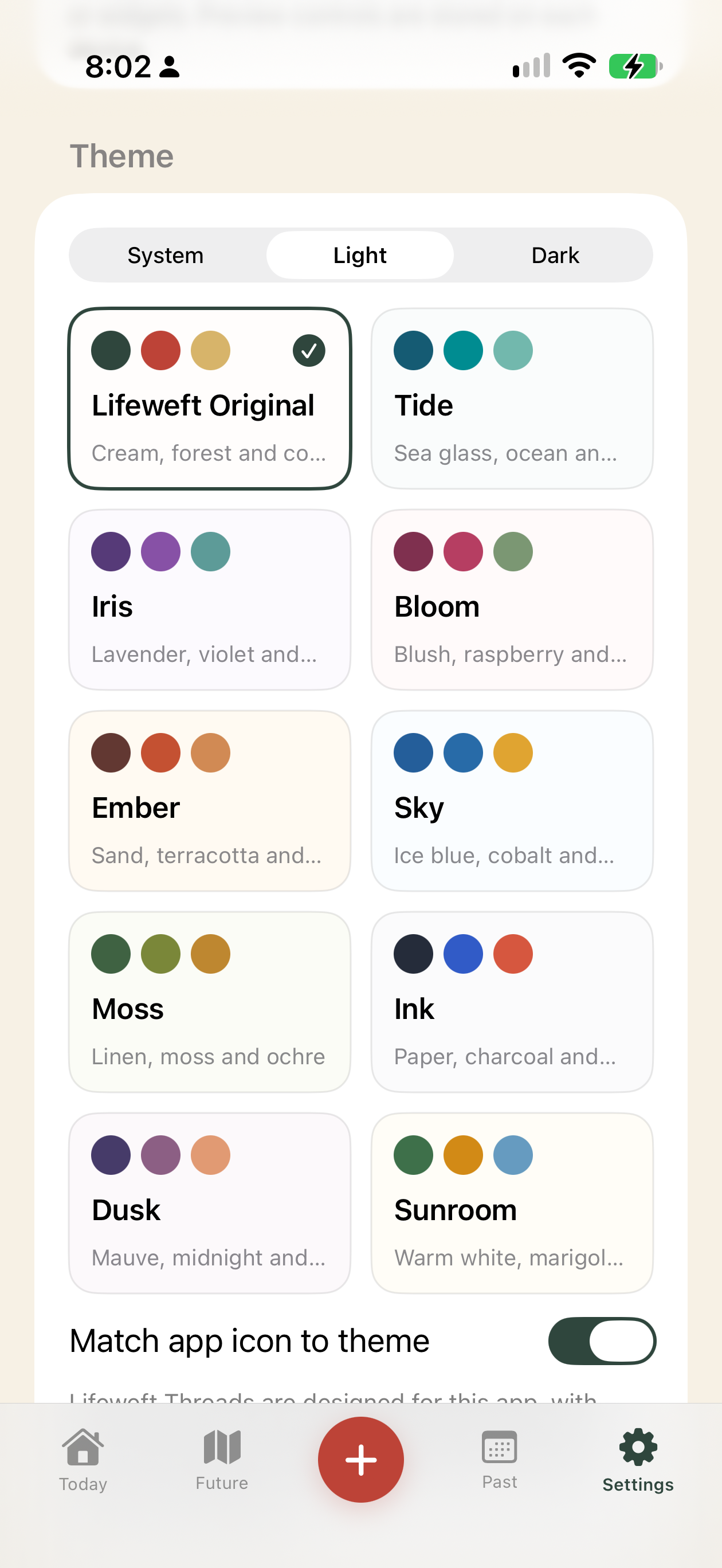 Lifeweft theme chooser showing eight original colour palettes