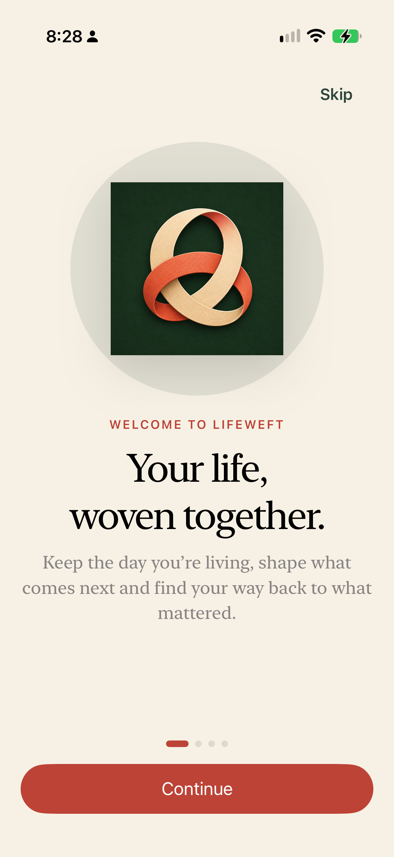Lifeweft welcome screen reading Your life, woven together